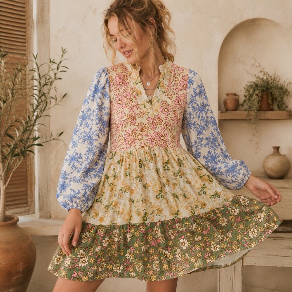 Smith & Quinn Women’s Patchwork Floral Tiered Mini Dress Boho Cottagecore M